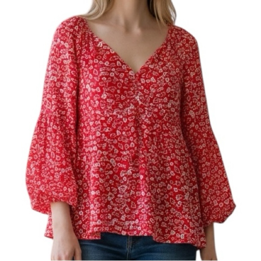 NWT LOFT Red & White Heart V-Neck Long Sleeve Smocked Back Lined Top Size 10